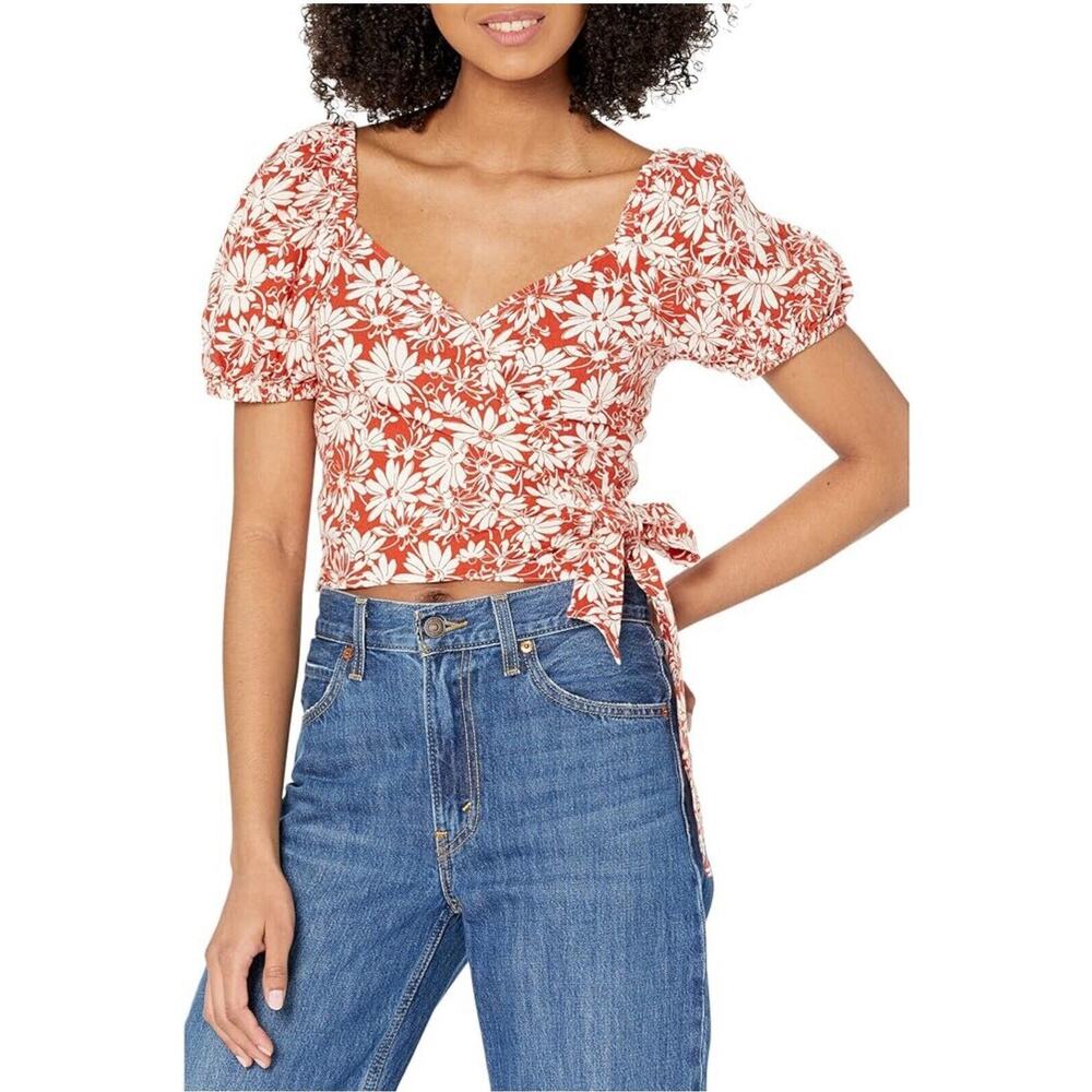 Madewell Anita Abstract Floral Linen Wrap Puff Sleeve Top XS Roasted Squash Red